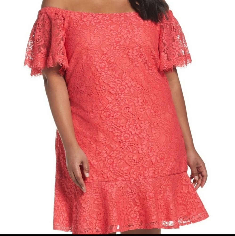 Eliza J CORAL Womens Lace Off-Shoulder Shift Dress